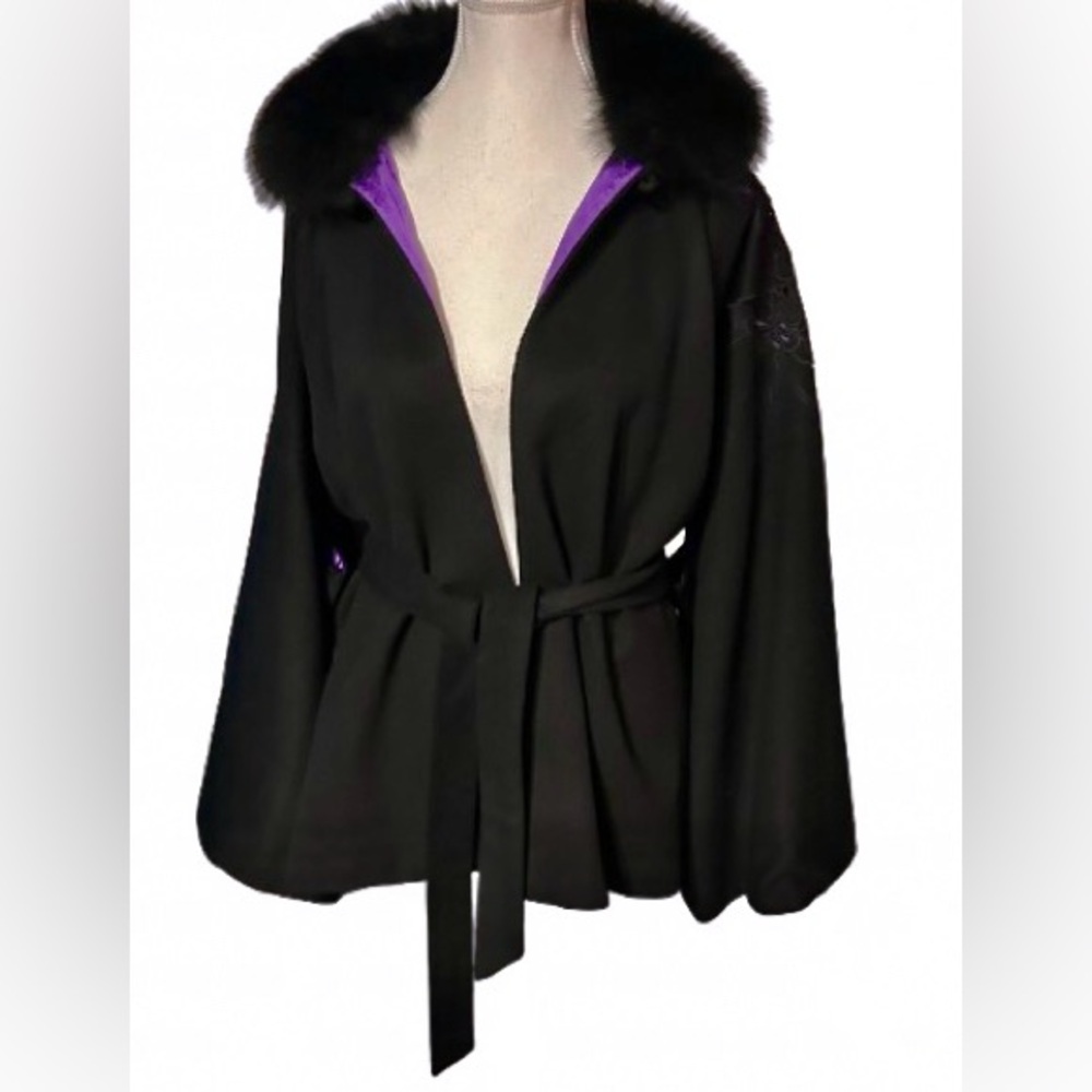 Glamorous! Kimono Wool Floral Cut Out Fur Cape Jacket Vintage Large Purple Black